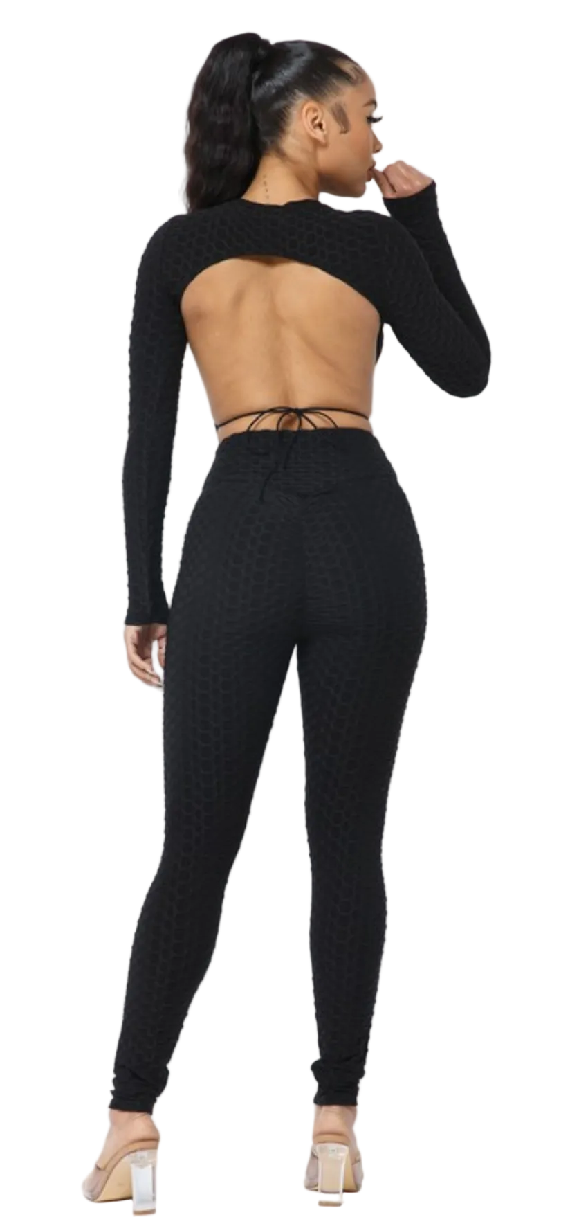 Open Back Tie Long Sleeve Top And Leggings Set