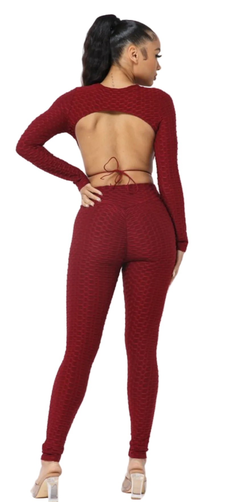 Open Back Tie Long Sleeve Top And Leggings Set