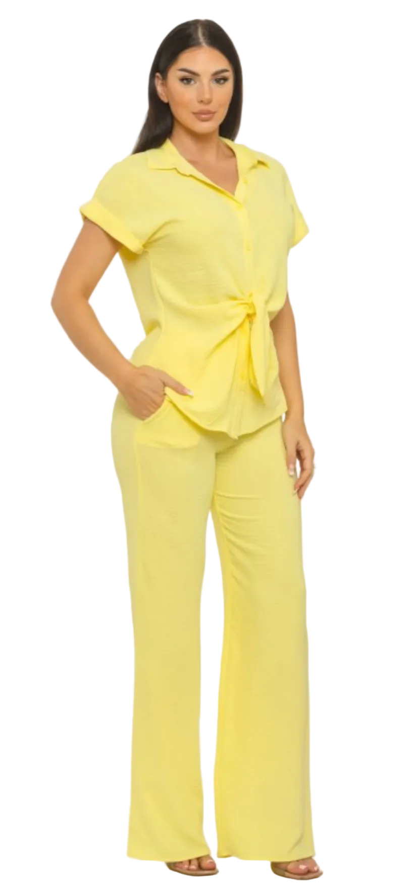 Front Knot Tie Button Down Top And Pants Set