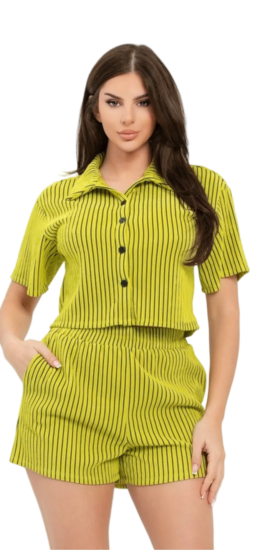 Texture Stripe Button Down Top And Shorts Set