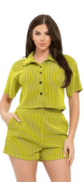 Texture Stripe Button Down Top And Shorts Set