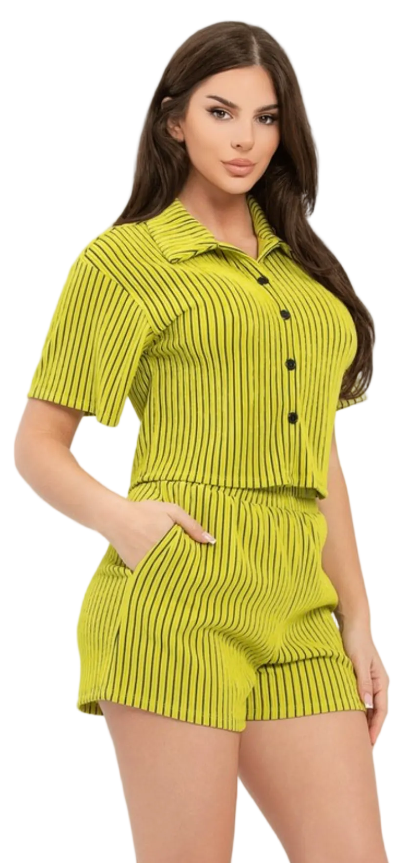 Texture Stripe Button Down Top And Shorts Set