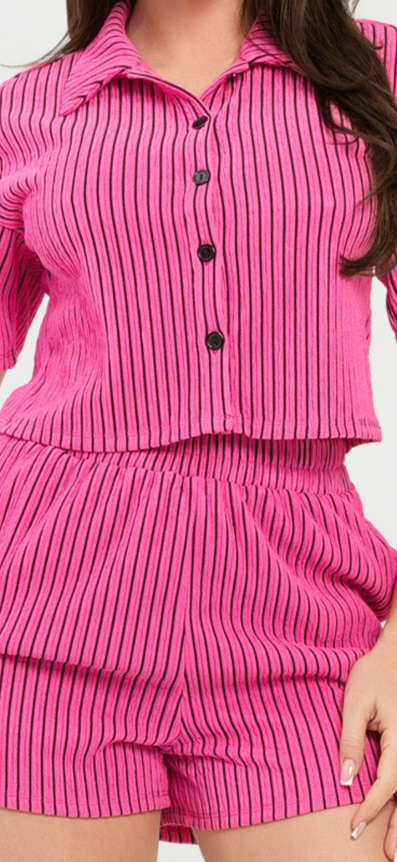 Texture Stripe Button Down Top And Shorts Set