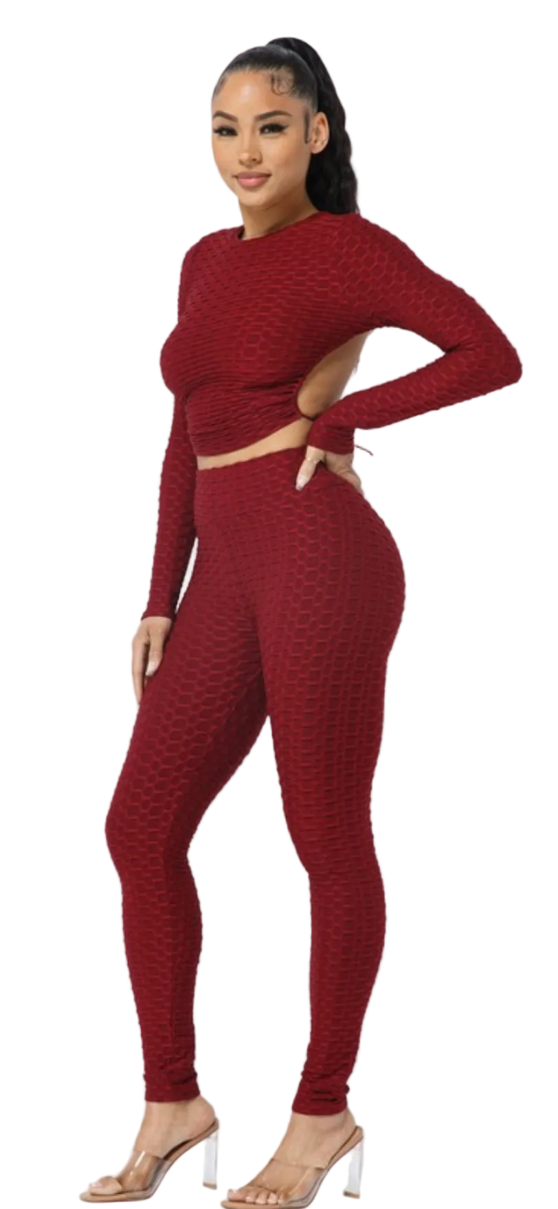 Open Back Tie Long Sleeve Top And Leggings Set