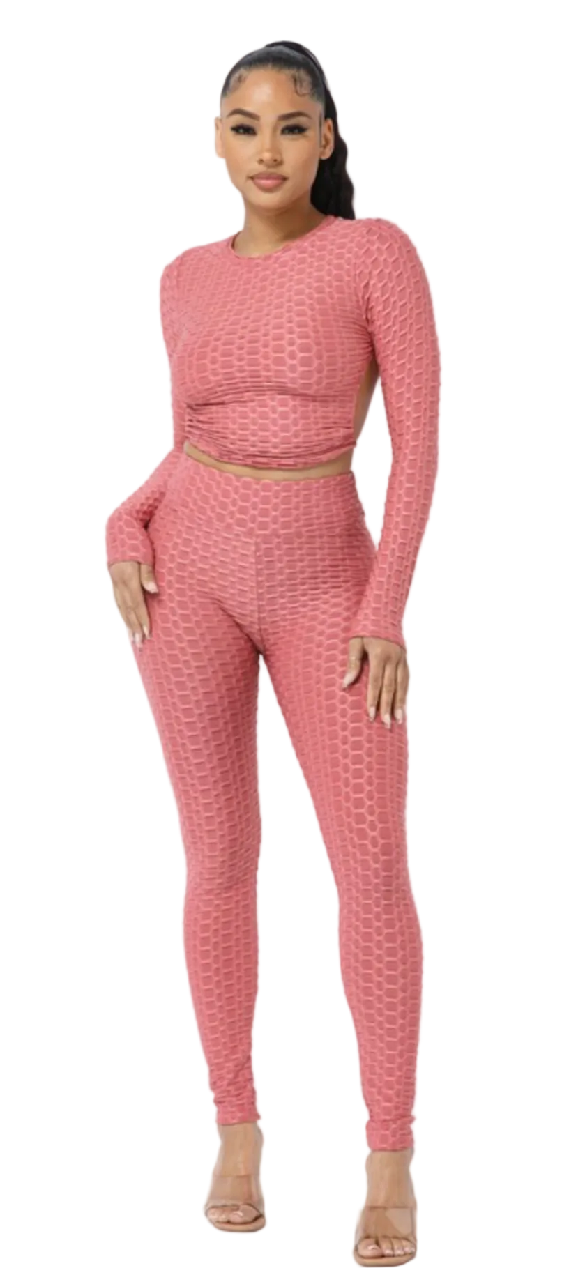 Open Back Tie Long Sleeve Top And Leggings Set