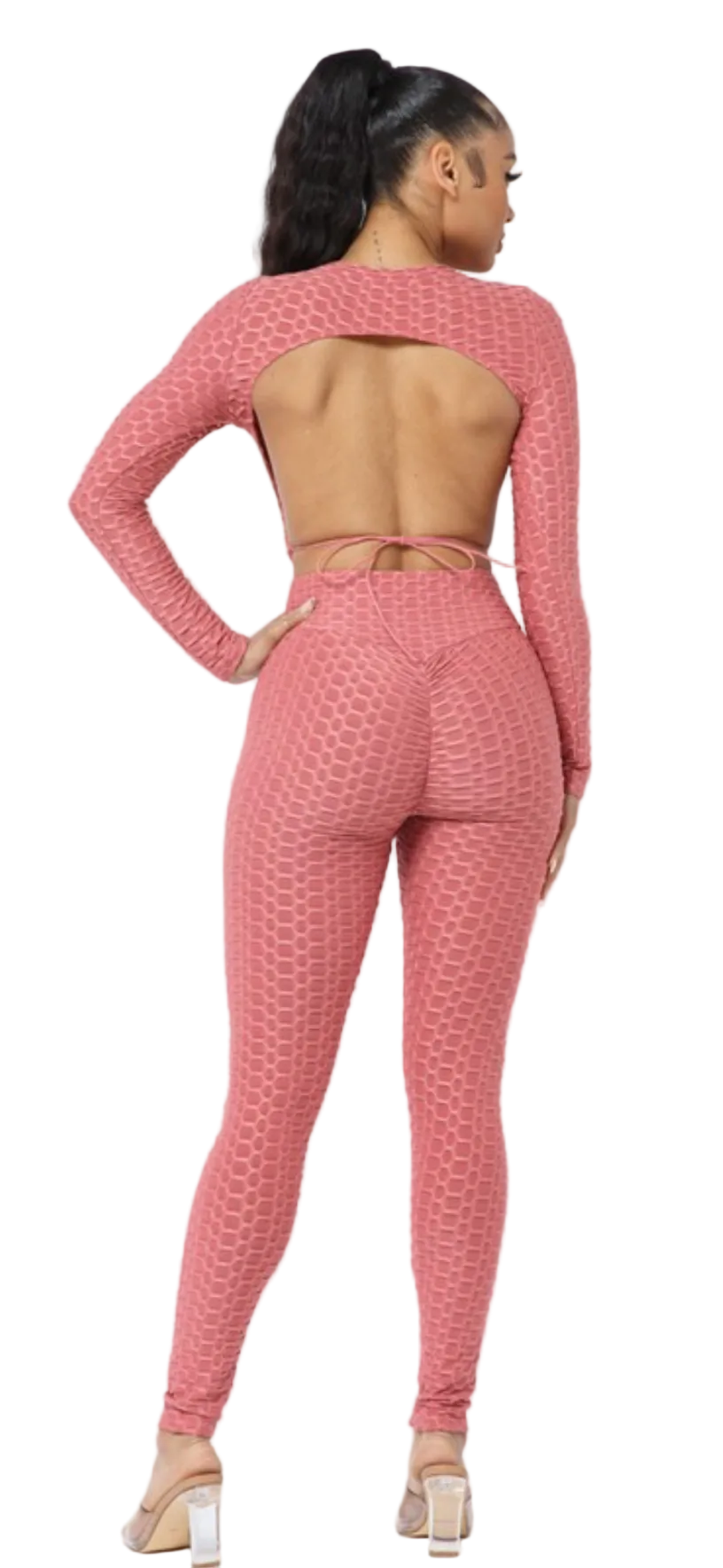 Open Back Tie Long Sleeve Top And Leggings Set
