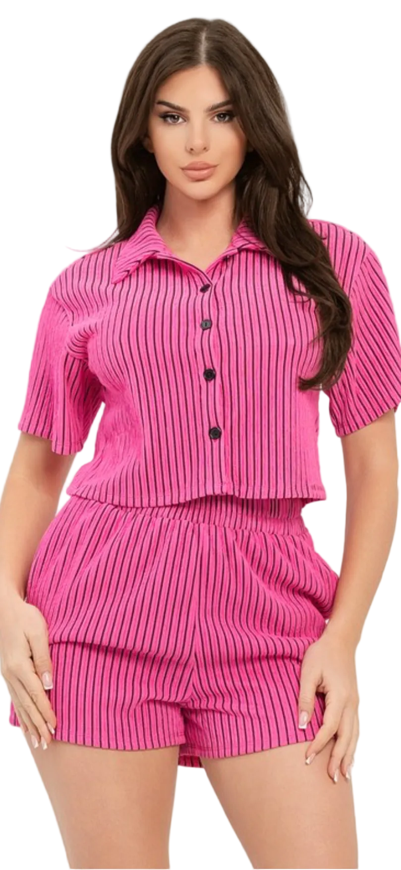 Texture Stripe Button Down Top And Shorts Set