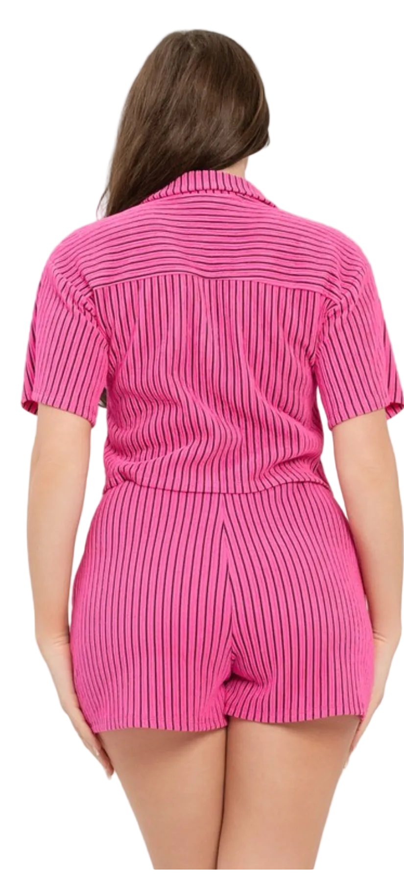 Texture Stripe Button Down Top And Shorts Set