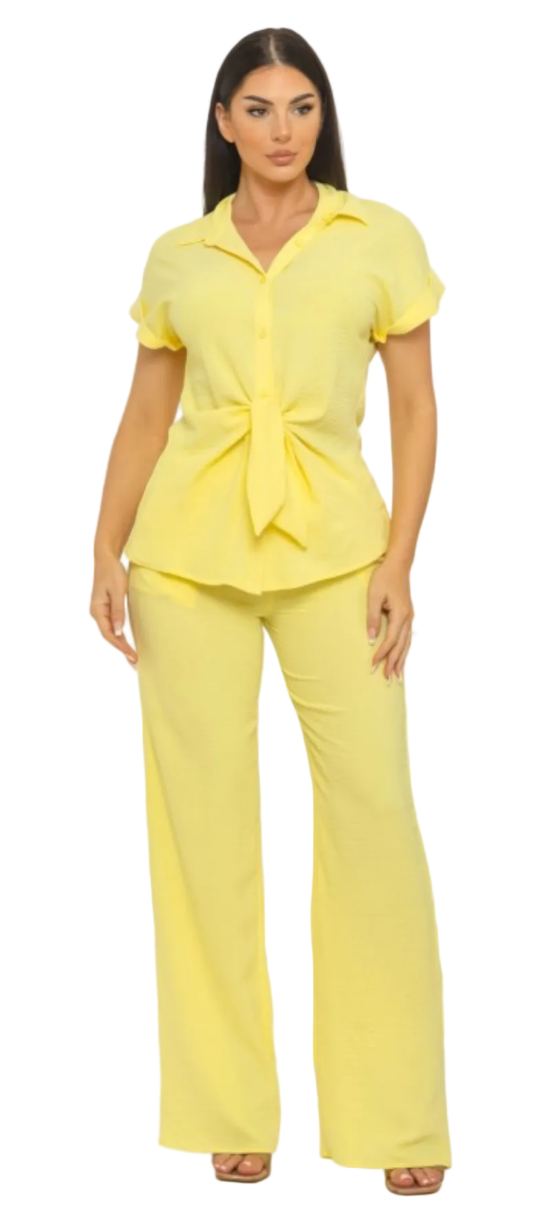 Front Knot Tie Button Down Top And Pants Set