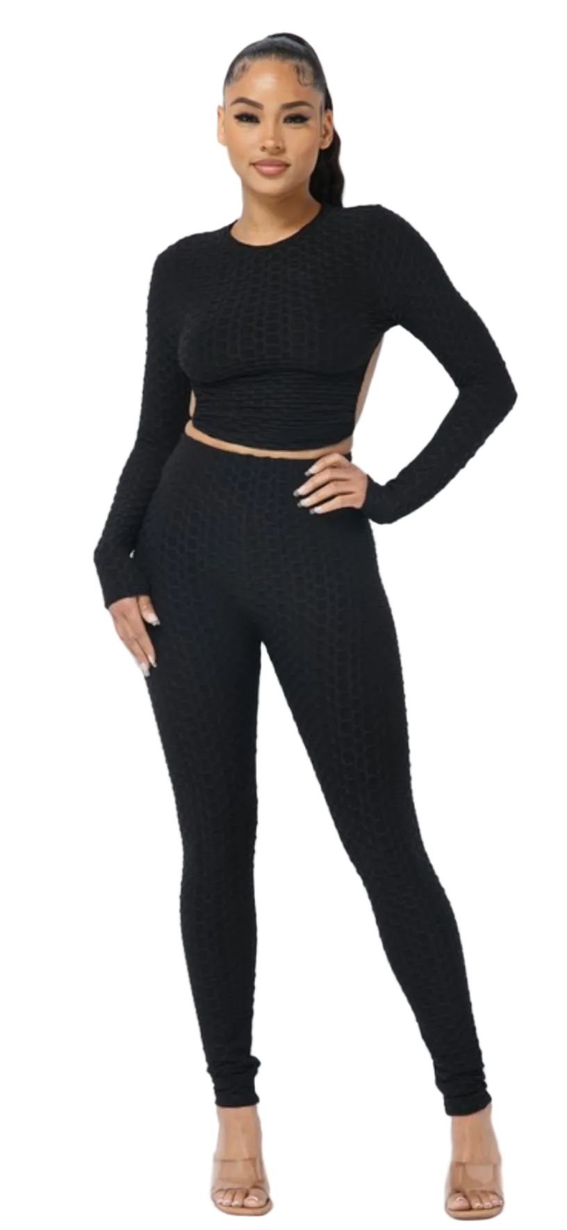 Open Back Tie Long Sleeve Top And Leggings Set