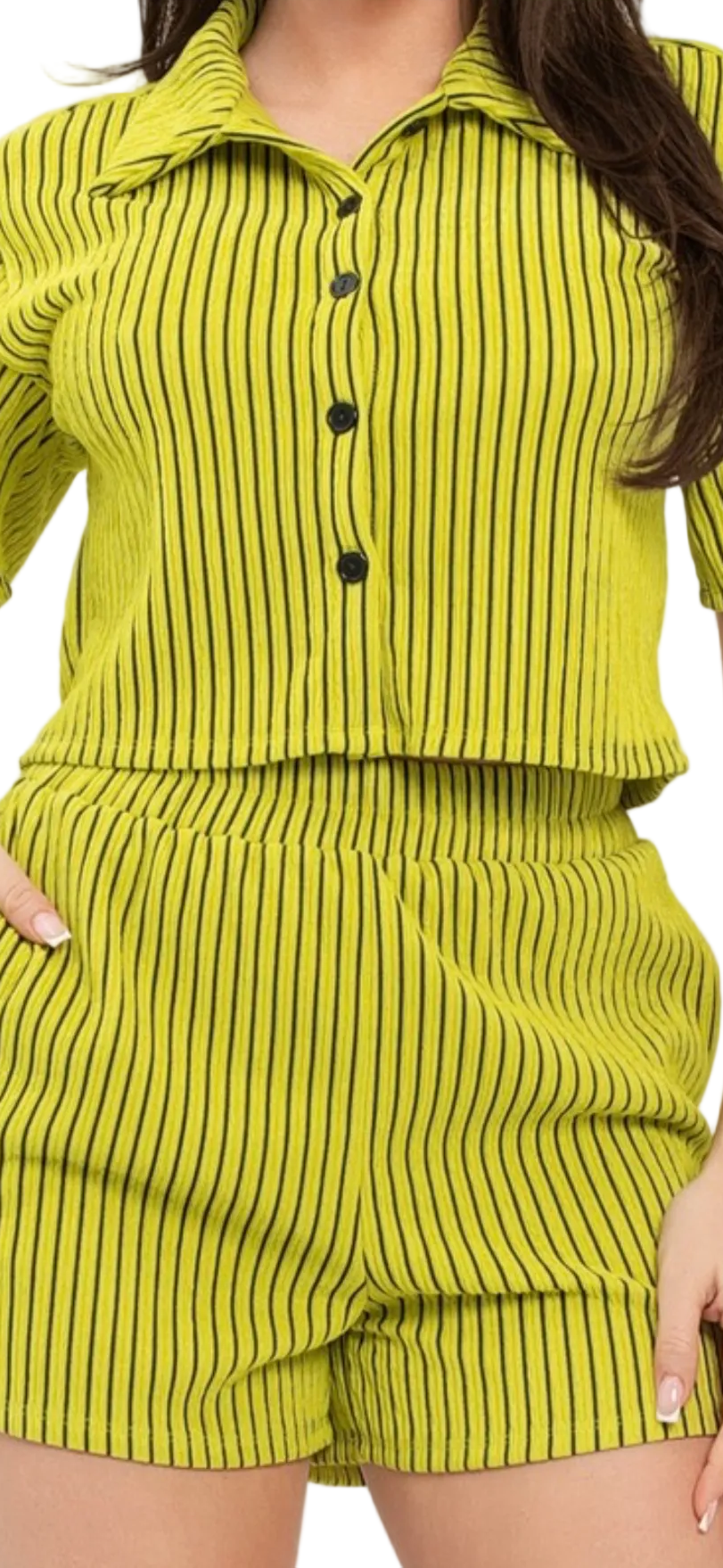 Texture Stripe Button Down Top And Shorts Set