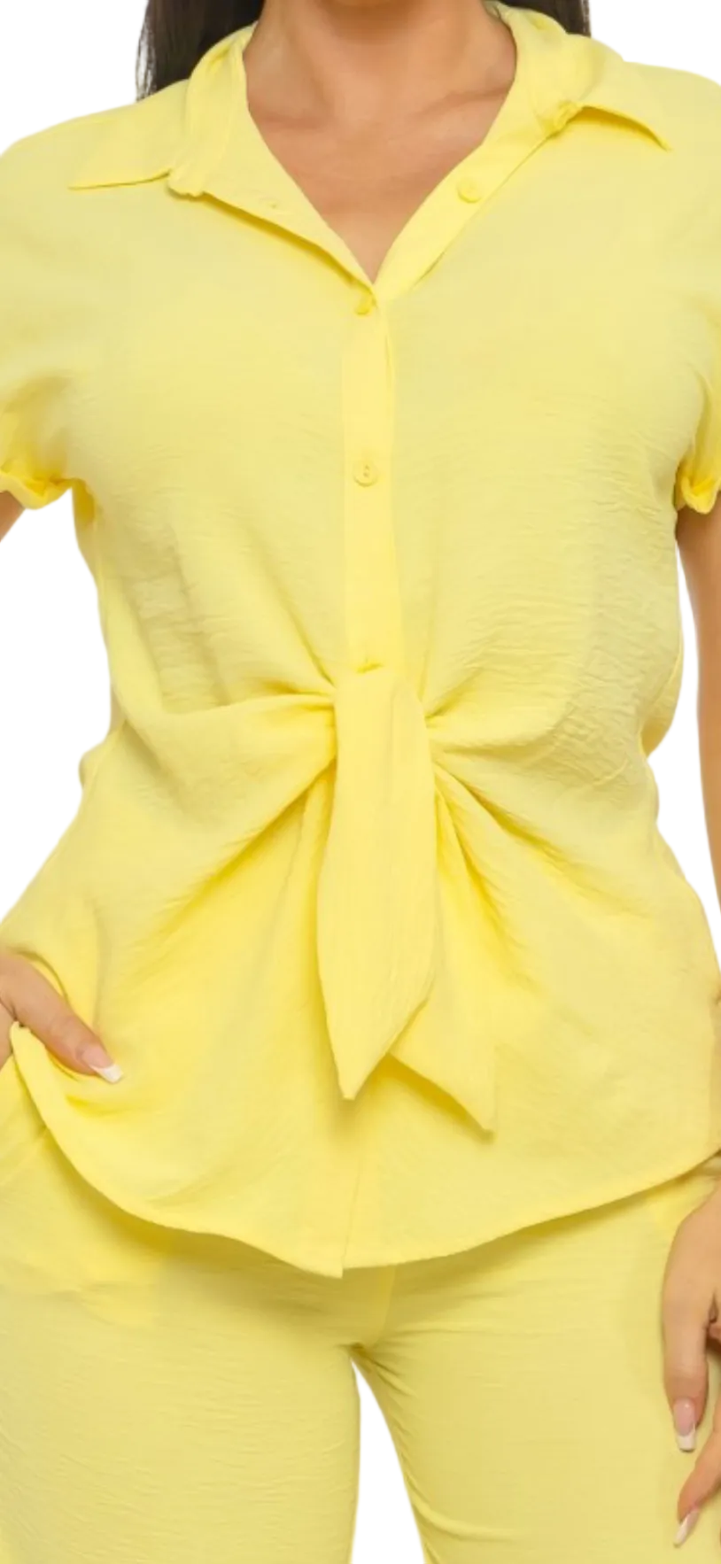 Front Knot Tie Button Down Top And Pants Set